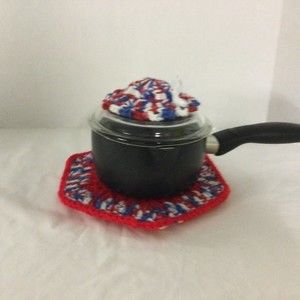 Kitchen Crochet Warming Pad Pot Holder & Pot Top/Lid Holder Hat Set Amer…
